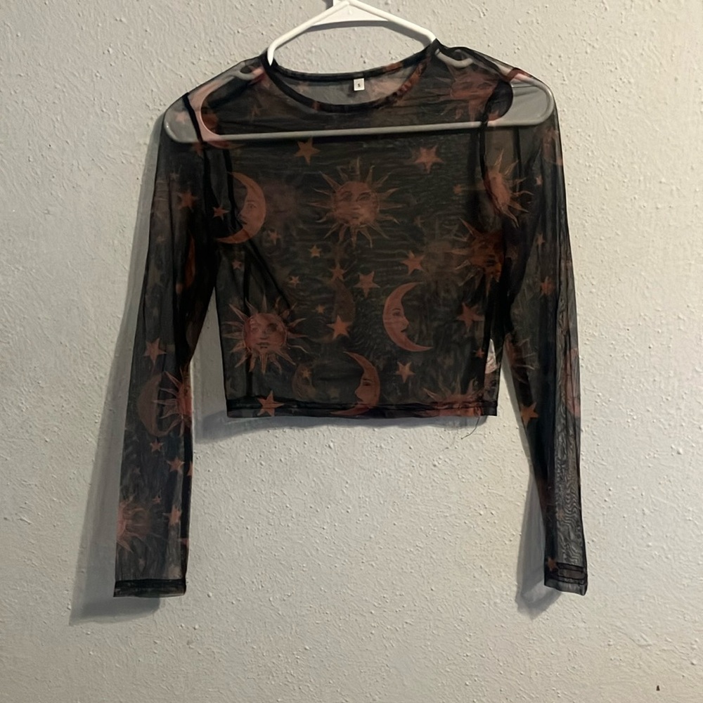 Sheer Black and Brown Celestial Print Top